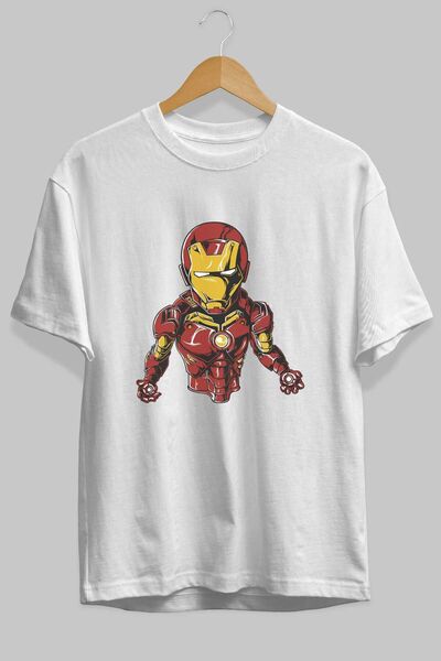 Ankhises Tricou supradimensionat alb cu imprimeu Iron Man - Bărbați și femei cu gât crew