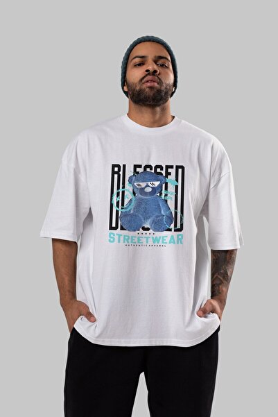 Ankhises Blessed Bear Front Štampano Bela Oversize kroj T-shirt Unisex Muškar...