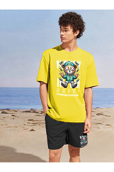 DogFish MoneyComesInImHappy Printed - Lover Couple Combination Oversize Yellow T-Shirt