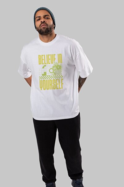 Ankhises Veruj u sebe Prednja strana Štampano Bela Oversize kroj T-shirt Unis...