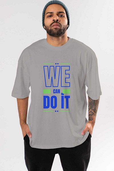 Ankhises We Can Do It Tricou supradimensionat gri, cu imprimeu în față, unisex, bărbați, femei, cu gât crew