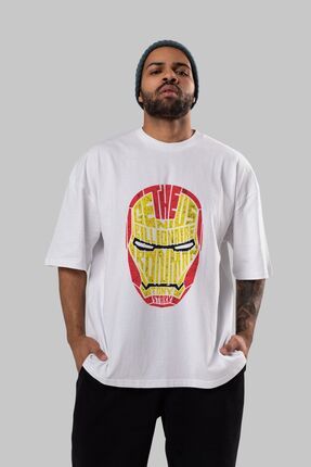 Ankhises Iron Man On Bask l Beyaz Oversize T shirt Unisex Erkek Kad n Bisiklet Yaka Fiyat Yorumlar Trendyol