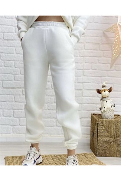Vicuna Boutique Γυναικείο λευκό χειμωνιάτικο χοντρό φλις εσωτερικά ψηλόμεσο πόδι ελαστικό Basic Jogger φούτερ