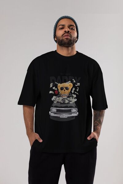 Ankhises Teddy Bear Daddy Tricou Negru Oversize Imprimat Față Bărbați Femei Gât Crew