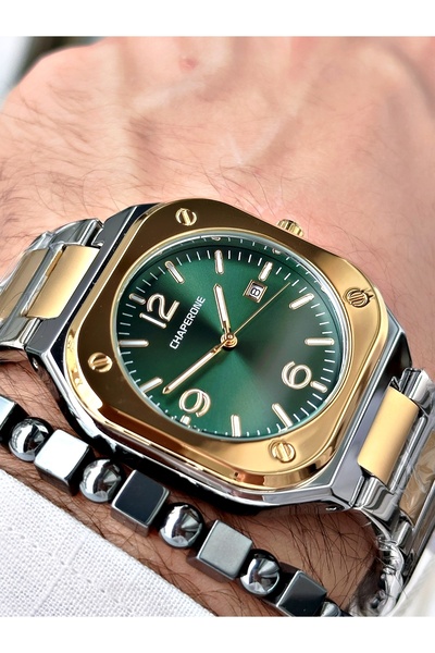 Chaperone Altın Gümüş Renk Sade Klasik Kare Model Çelik Kordon Erkek Kol Saat...