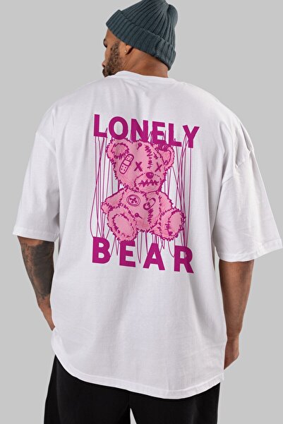 Ankhises Lonely Bear Back Štampano Bela Oversize kroj T-shirt Unisex Muškarci...