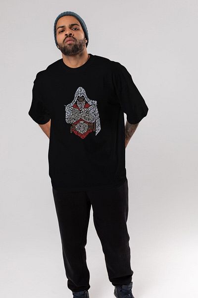 Ankhises Tricou negru supradimensionat cu imprimeu frontal Assassins, unisex, pentru bărbați, pentru femei, cu gâtul turnat