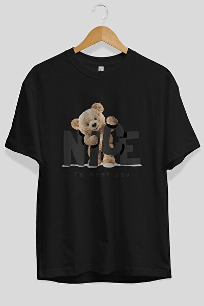 Ankhises Teddy Nıce To Meet You Переддрукована чорна оверсайз футболка з вело...