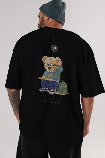 Ankhises Teddy Bear Just Stay Curious Μαύρο ανδρικό γυναικείο μπλουζάκι με λαιμόκοψη μεγάλου μεγέθους