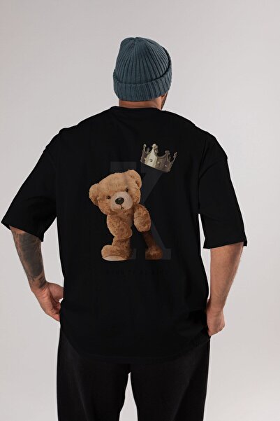 Ankhises Teddy Bear Born To Be King Μαύρο ανδρικό γυναικείο μπλουζάκι με λαιμόκοψη μεγάλου μεγέθους