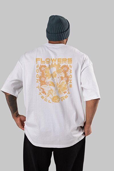 Ankhises Tricou alb oversize cu imprimeu Flowers Dont Tell Back, unisex, bărb...