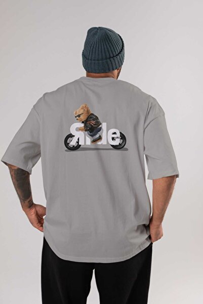 Ankhises تي شيرت تيدي بير رايد رمادي كبير الحجم مطبوع من الخلف للجنسين للرجال...