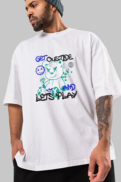 Ankhises Izađi napolje Medved Prednja Štampano Bela Oversize kroj T-shirt Uni...