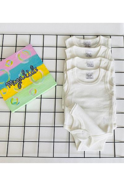 Miyakidsworld Jacquard and Snap Fastener Miyakıds Baby Body Set - 4 Pieces (0-12 Months) 100% Cotton Flexible Undershirt