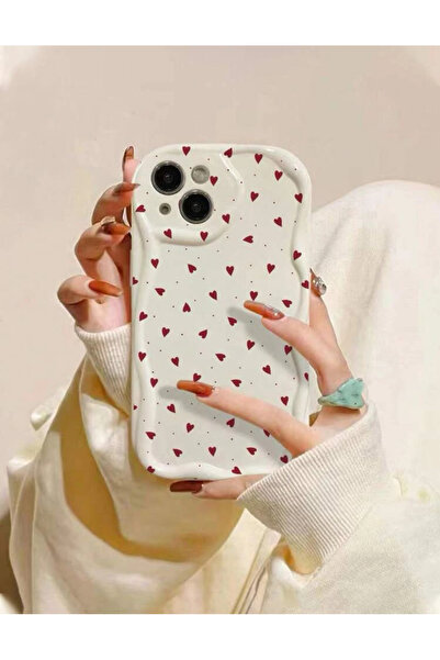 EDELFU İphone 13 - 14 Uyumlu Krem Renk Kamera Korumalı Kırmızı Kalp Desenli S...