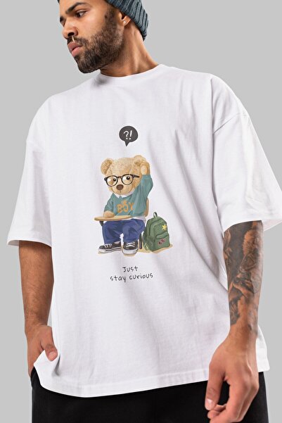 Ankhises Teddy Bear Just Stay Curious - Tricou alb oversize pentru bărbați și...
