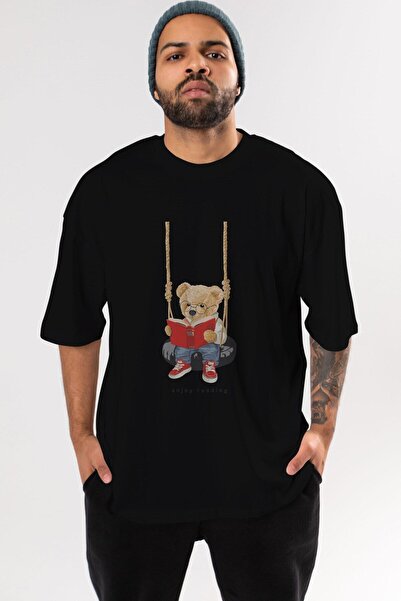 Ankhises Teddy Bear Enjoy Reading Tricou negru supradimensionat cu imprimeu î...