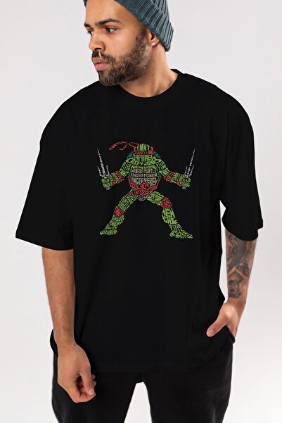 Ankhises Tricou negru oversize cu imprimeu frontal Turtle Ninja, unisex, pent...