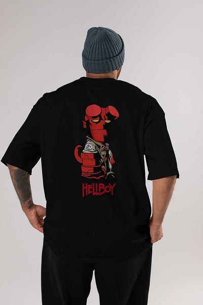 Ankhises Hellboy (1) - Tricou negru din bumbac supradimensionat pentru bărbați și femei, cu gât crew