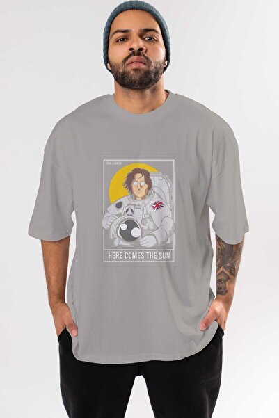 Ankhises تي شيرت جون لينون رائد فضاء رمادي كبير الحجم مطبوع من الأمام للجنسين للرجال والنساء برقبة دائرية