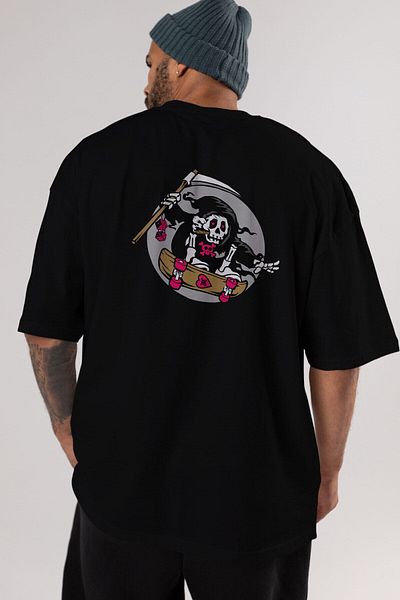 Ankhises Tricou negru supradimensionat cu imprimeu pe spate Grim Skater, unisex, bărbați, femei, cu gât crepus