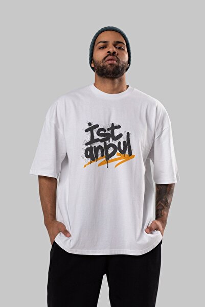 Ankhises تي شيرت أبيض كبير الحجم مطبوع عليه نص أمامي من istanbul للرجال والنس...