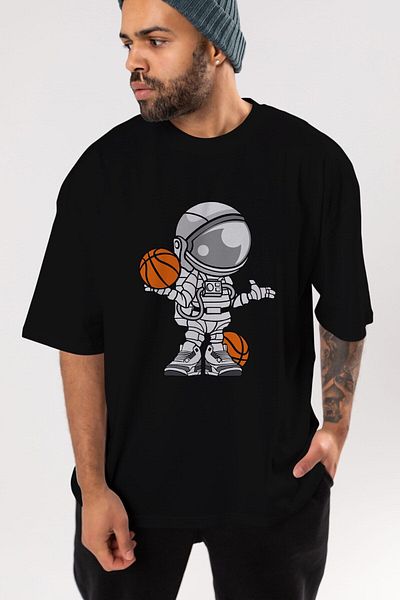 Ankhises Astronaut Jucător de baschet cu imprimeu în față, negru, tricou supradimensionat, unisex, bărbați, femei, cu decolteu rotund