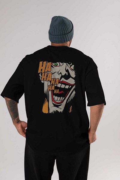 Ankhises Joker (7) Tricou supradimensionat din bumbac negru cu imprimeu pe spate - Gât crew Bărbați Femei
