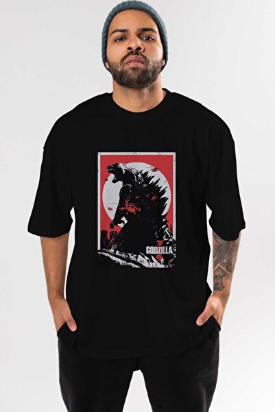 Ankhises Godzilla 2 - تي شيرت أسود كبير الحجم مطبوع من الأمام، رقبة دائرية، ل...