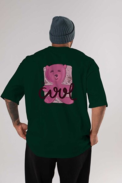 Ankhises Cool Style Bear Back Štampano Emerald Green Oversize kroj T-shirt Un...