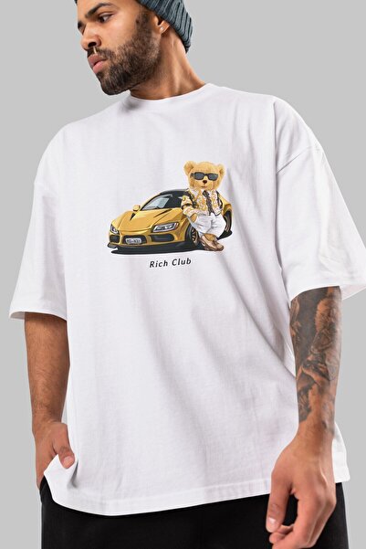 Ankhises Teddy Bear Rich Club Prednja strana Štampano Bela Oversize kroj T-sh...