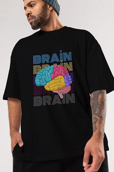 Ankhises Tricou negru supradimensionat cu imprimeu în față cu scris pe creier, unisex, bărbați, femei, cu gât crew