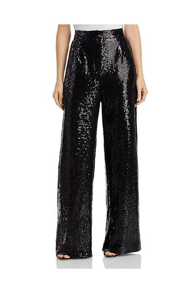 NALINCI High Waist Sequined Black Wide Leg Trousers