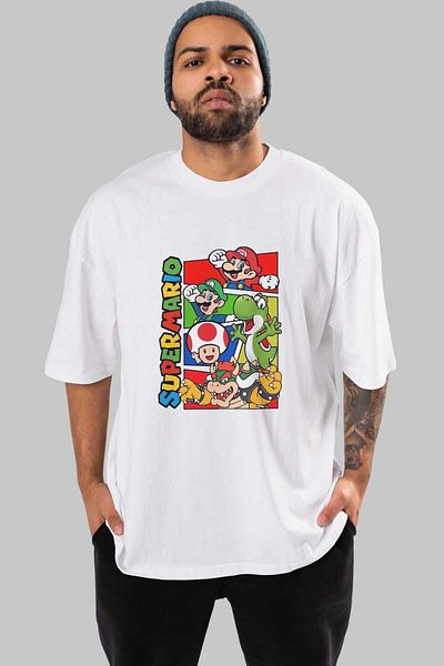 Ankhises Tricou Super Mario alb supradimensionat - Decolteu, bărbați și femei