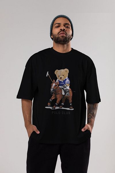 Ankhises Teddy Bear Polo Club εμπρός εμπριμέ μαύρο μπλουζάκι υπερμεγέθη ανδρικό γυναικείο λαιμόκοψη