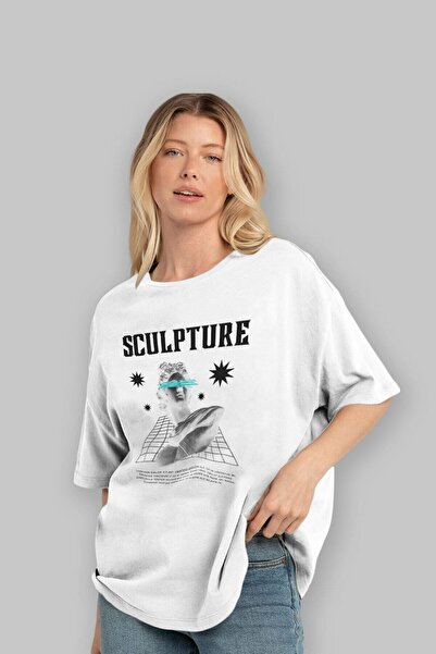 Ankhises تي شيرت أبيض كبير الحجم مطبوع عليه صورة منحوتة من الأمام للرجال والن...