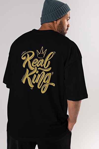 Ankhises Tricou negru oversize cu imprimeu Real King, cu imprimeu pe spate, b...