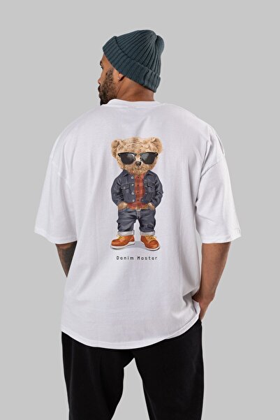 Ankhises تي شيرت أبيض برقبة دائرية للرجال والنساء بنمط تيدي بير مطبوع من الخلف