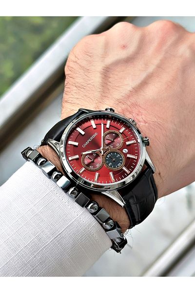 Chaperone Men's Black Leather Corded Function Wrist Watch and Gift Bracelet - REWARD