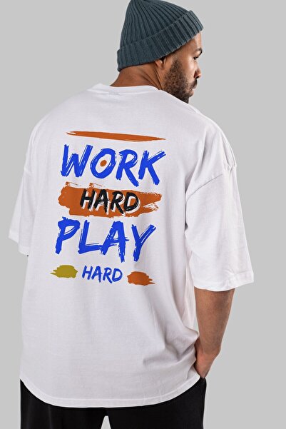 Ankhises Radi naporno, igraj se naporno Nazad Štampano Belo Oversize kroj T-s...