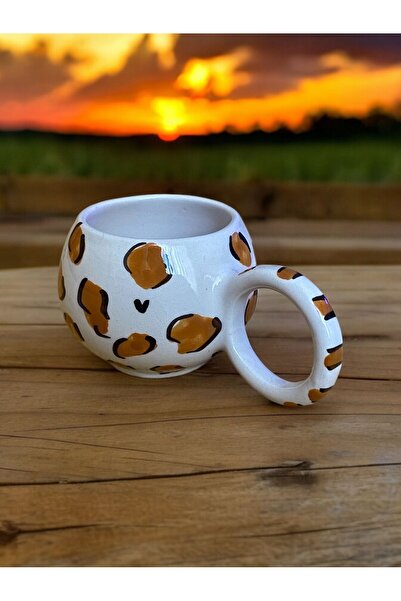 SeraCEY Baloncuk Leopar Desenli El Yapımı Kabartma Seramik Kupa