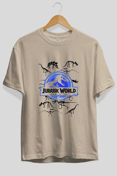 Ankhises Jurassic Park 5 - Tricou supradimensionat bej cu imprimeu în față, gât crew, bumbac pentru bărbați și femei