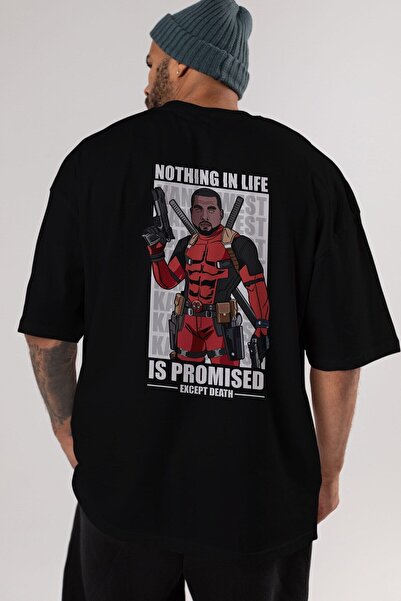 Ankhises Kanye West Deadpool Arka Baskılı Siyah Oversize T-shirt Unisex Erkek Kadın Bisiklet Yaka