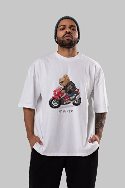 Ankhises Bikerski medvedić prednji Štampano beli Oversize kroj T-shirt muškar...