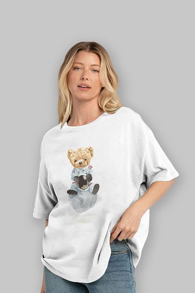 Ankhises Teddy Bear I Need My Space Tricou alb supradimensionat cu imprimeu în față Bărbați Femei Gât crew
