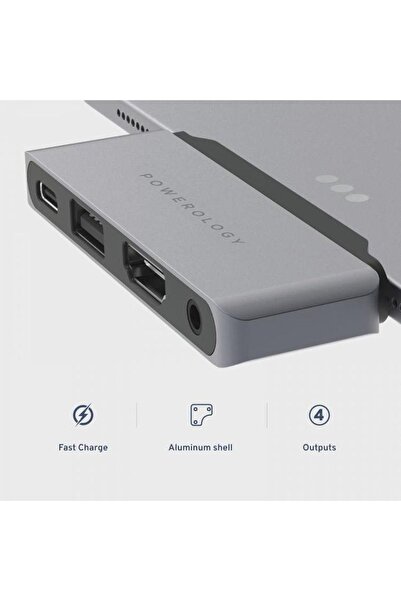 Powerology iPad Uyumlu 4'ü 1 Arada USB-C Hub, 4K 60Hz HDMI, 60W PD Şarj ve Kulaklık Jakı Destekli Adaptör
