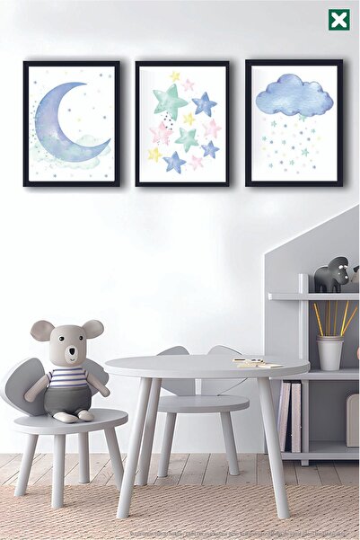 TABLOX Set de pictură modernă din MDF cu aspect de cadru din 3 piese, cu lună...