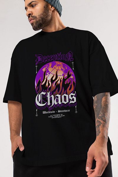 Ankhises Tricou negru oversize cu imprimeu în față Deception Chaos, unisex, pentru bărbați, pentru femei, cu decolteu
