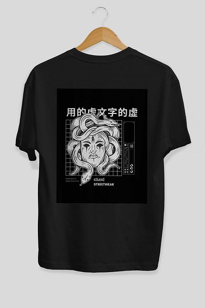 Ankhises Tricou oversize negru cu imprimeu în spate în stil japonez hipster Bărbați, femei, cu gât crepus