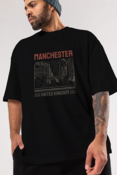 Ankhises Tricou oversize negru cu imprimeu în față Manchester, unisex, bărbați, femei, cu gât crepus